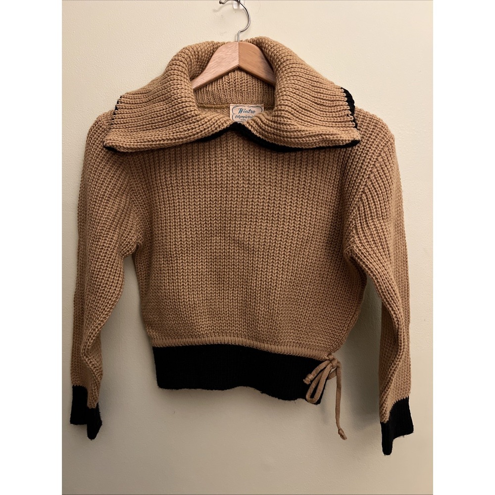 Wintro Olympic Original 100% Wool Open Cowl Neck Cropped Sweater XS Gold‎ Black